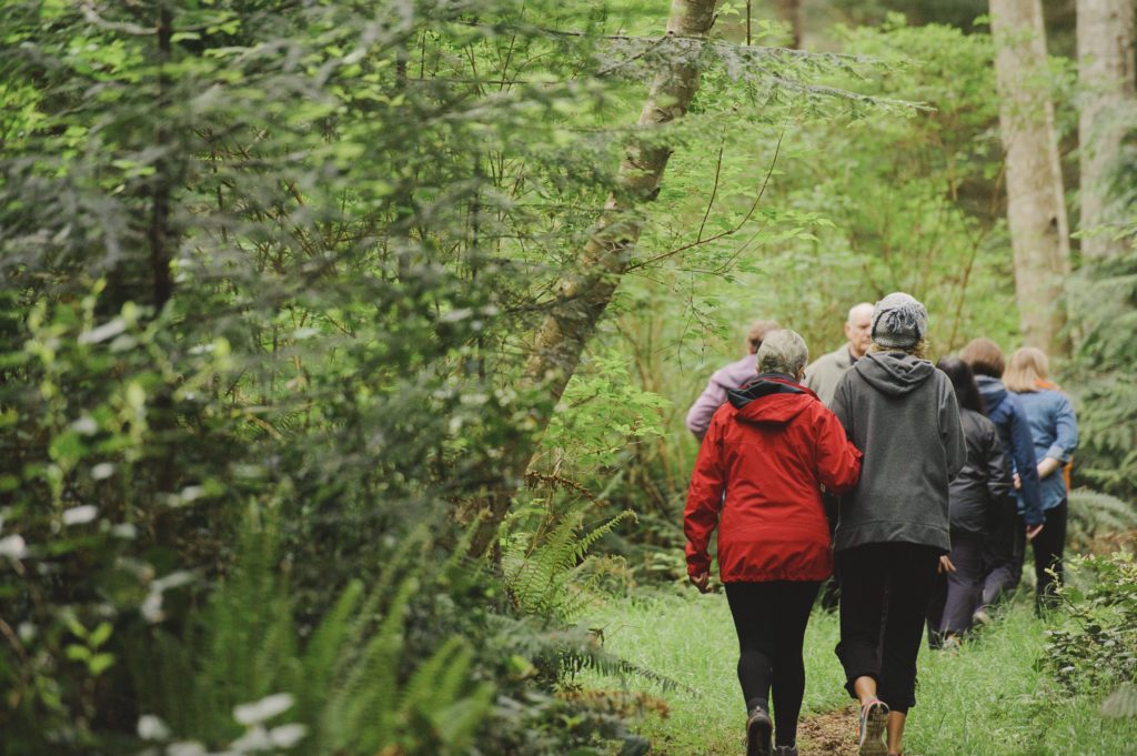 People on a nature walk in Hollyhock retreat centre, Cortes Island, BC