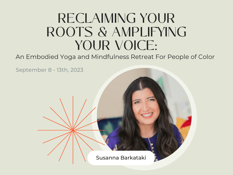 A headshot of Susanna Barkataki, promoting her program at Hollyhock, Reclaiming Your Roots and Amplifying Your Voice.